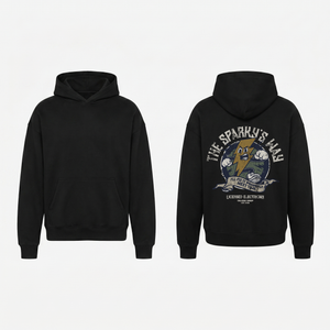 The Sparky's Way Hoodie in Black - oversized electrician hoodie, front and back print