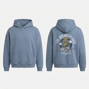 The Sparky's Way Hoodie in Jeans Blue - oversized electrician hoodie, front and back print