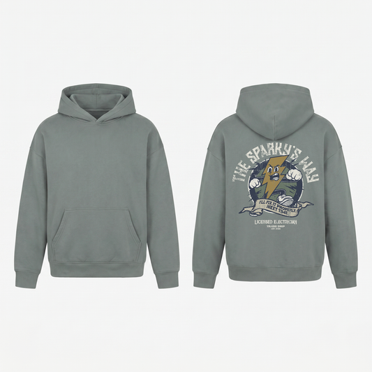The Sparky's Way Hoodie in Light Grey - oversized electrician hoodie, front and back print
