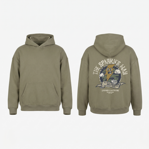 The Sparky's Way Hoodie in Grey Coffee - oversized electrician hoodie, front and back print