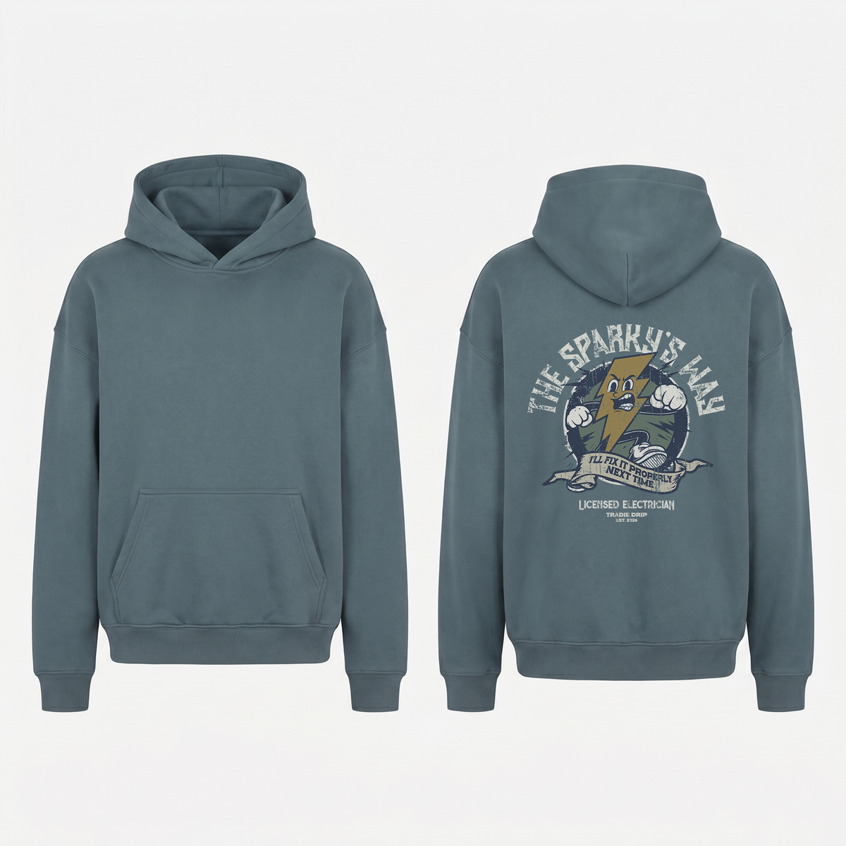 The Sparky's Way Hoodie in Grey Blue - oversized electrician hoodie, front and back print