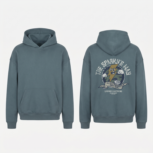 The Sparky's Way Hoodie in Grey Blue - oversized electrician hoodie, front and back print