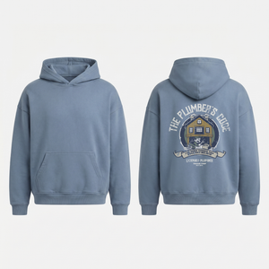 The Plumber's Code Hoodie in Jeans Blue - oversized plumber hoodie, front and back print