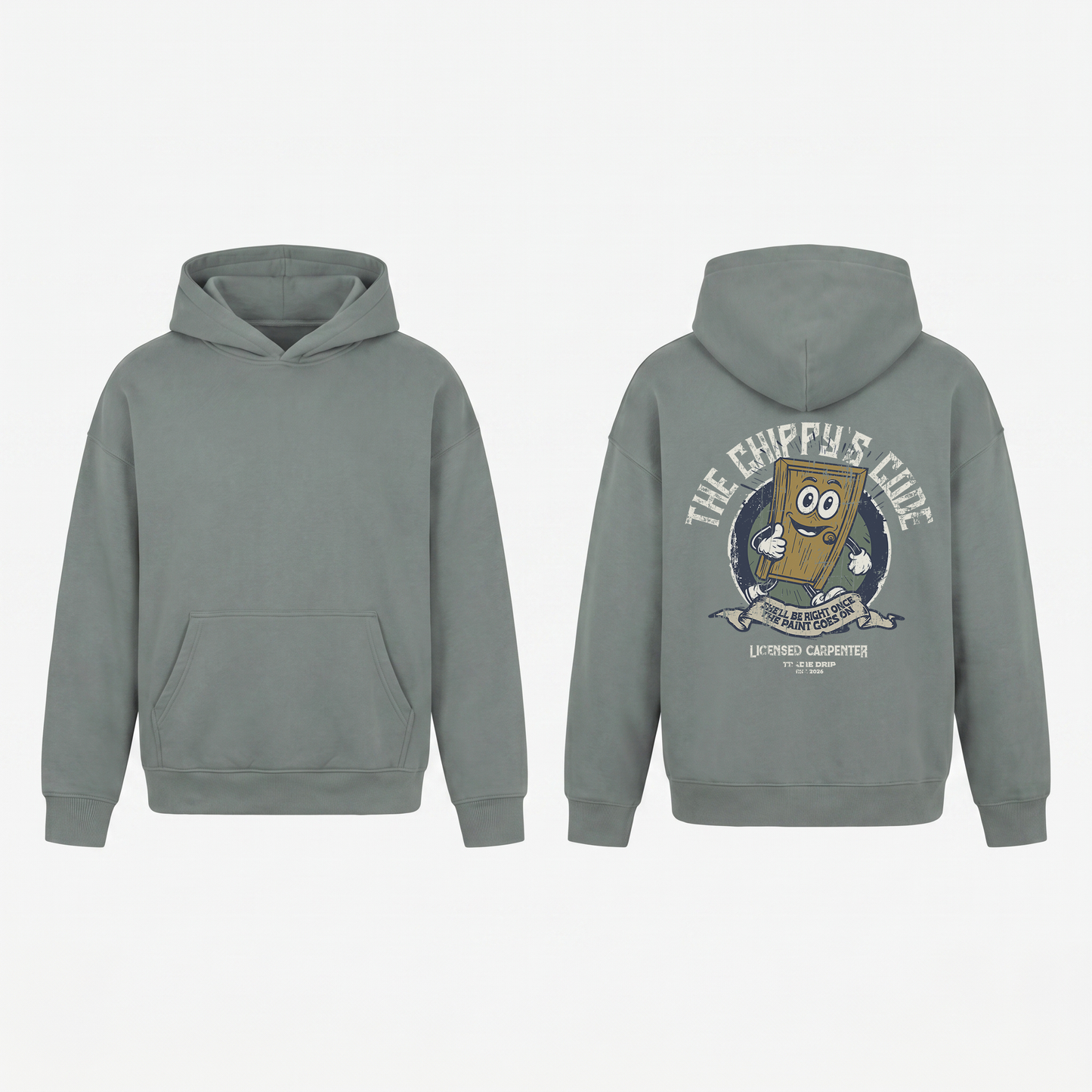 The Chippy's Code Hoodie in Light Grey - oversized carpenter hoodie, front and back print