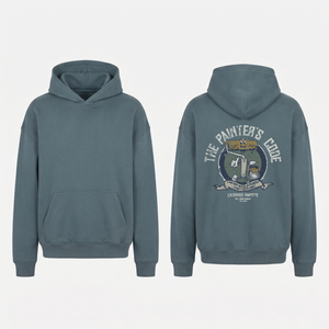 The Painter's Code Hoodie in Grey Blue - oversized painter hoodie, front and back print