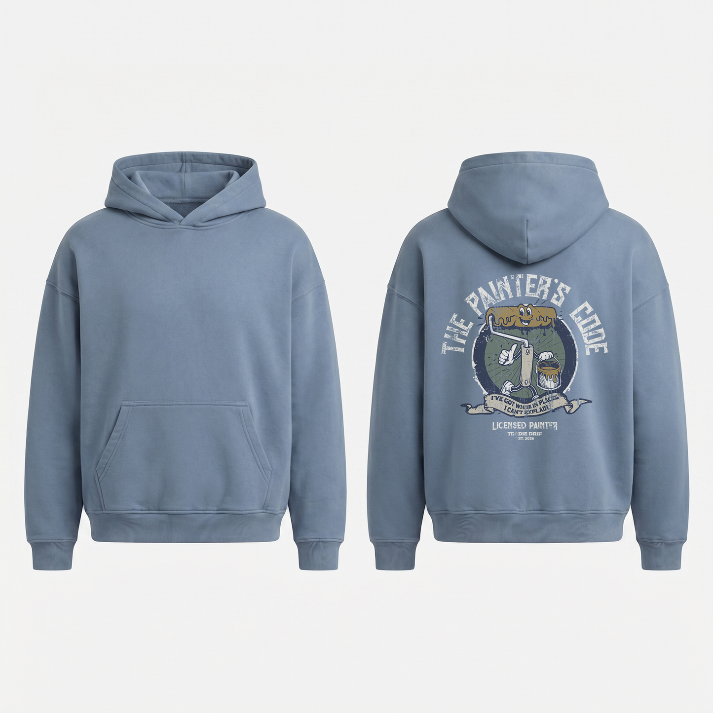 The Painter's Code Hoodie in Jeans Blue - oversized painter hoodie, front and back print