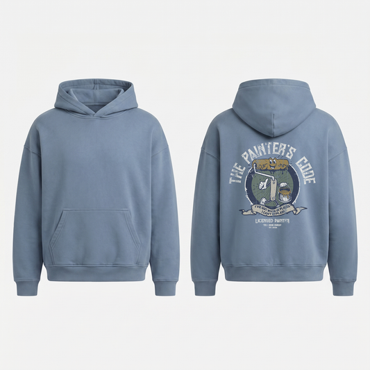 The Painter's Code Hoodie in Jeans Blue - oversized painter hoodie, front and back print