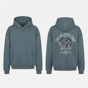 The Welder's Code Hoodie in Grey Blue - oversized welder hoodie, front and back print
