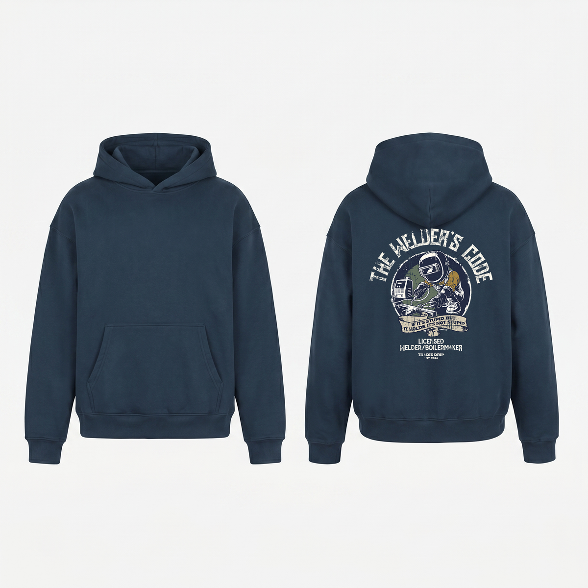 The Welder's Code Hoodie in Navy Blue - oversized welder hoodie, front and back print