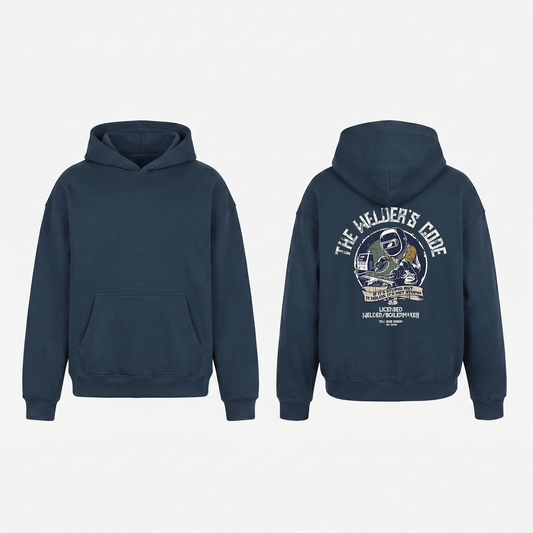 The Welder's Code Hoodie in Navy Blue - oversized welder hoodie, front and back print