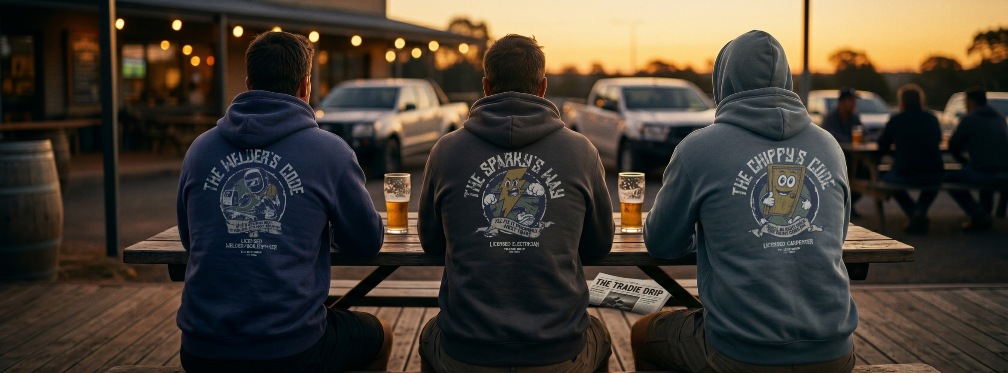 Three tradies at a pub bench at sunset wearing Tradie Drip hoodies - Welder's Code, Sparky's Way and Chippy's Code back prints
